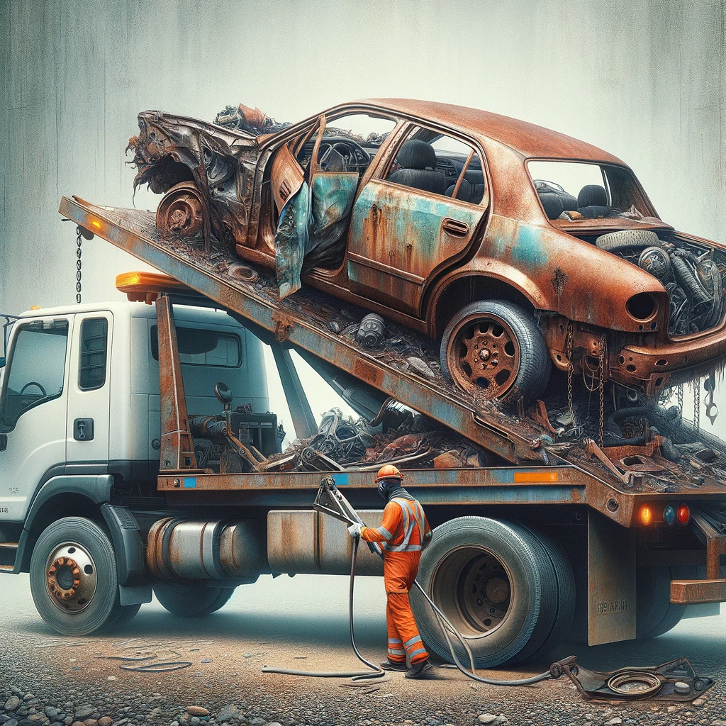 Illustration : épave de voiture rouillée chargée sur un camion de dépannage